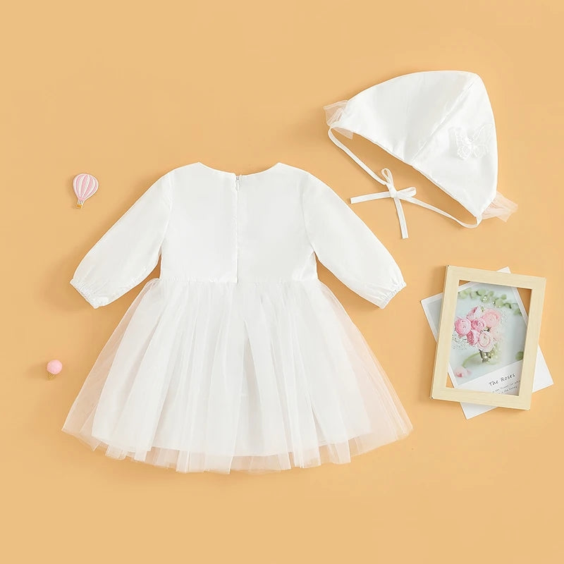 Vestido blanco mangas largas de tul + sombrerito