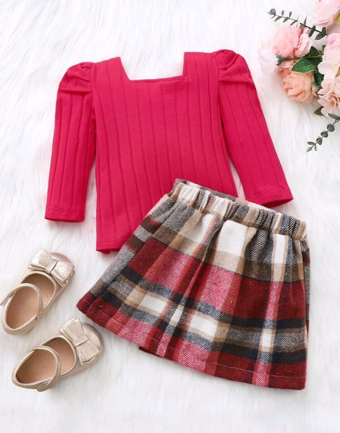 Conjunto bebe+brigo+ falda a cuadro