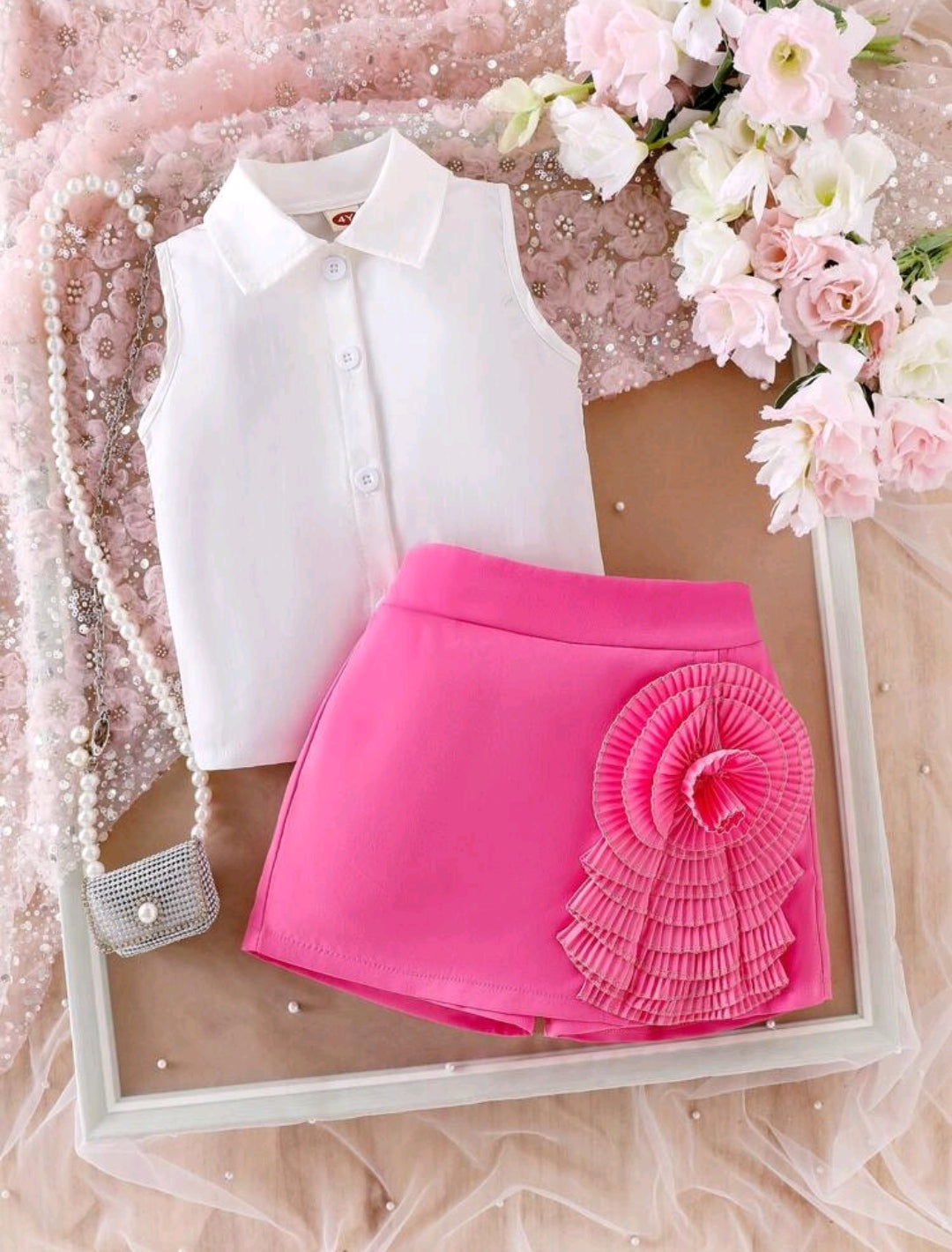 Camisa sin mangas + short pollera con flor 3D