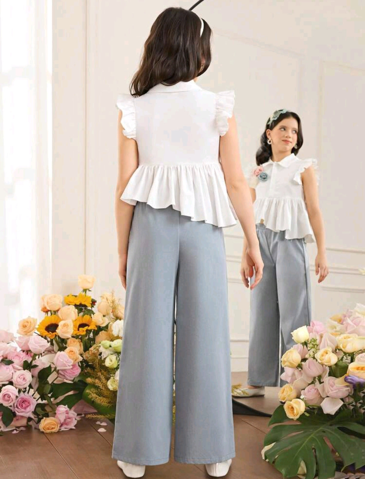 Camisa asimetrica con detalles de flores + pantalón Elegante