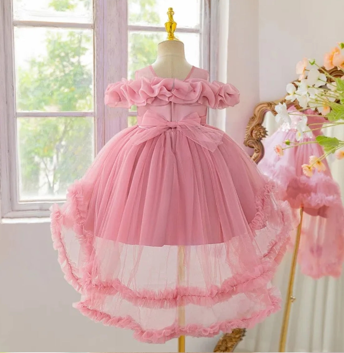 Vestido Elegante con bordados en el pecho y cola larga