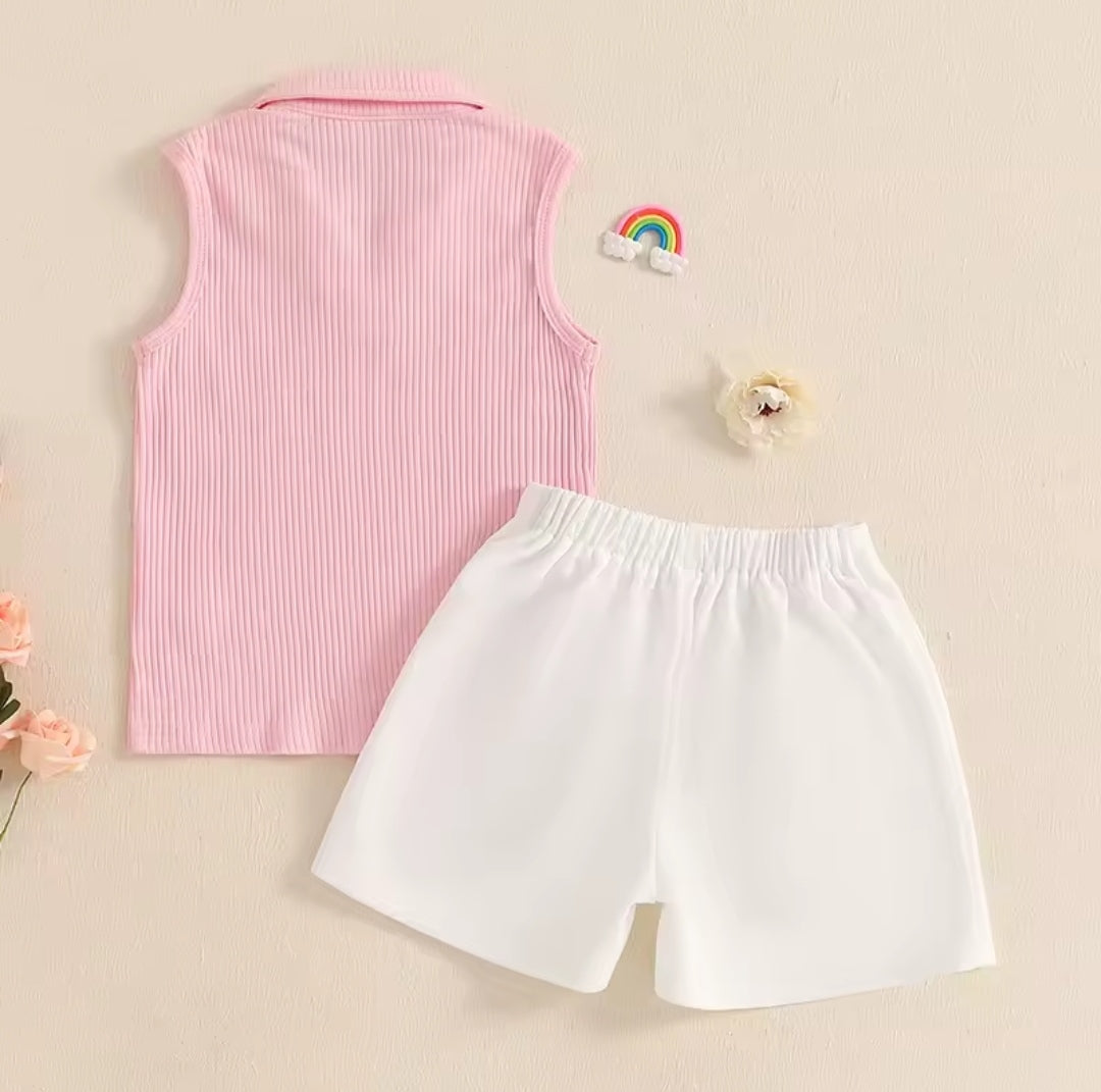 Blusa sin mangas con cuello + short con detalles de flores