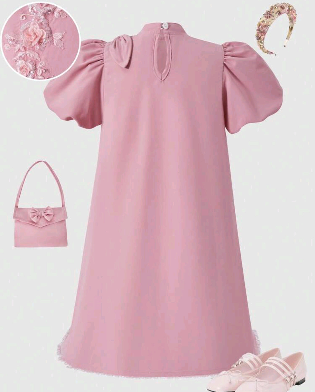 Vestido Chic de mangas Abullonadas y bordado floral ( incluye el bolsito)