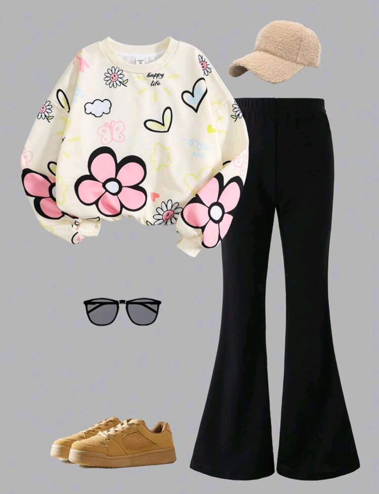Mangas largas estampado de flores + pantalón acampanado