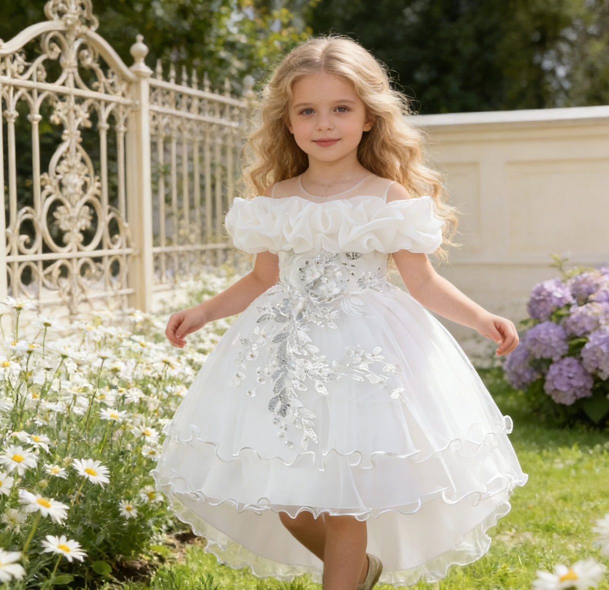 Vestido Blanco elegante con lentejuelas y bordados de flores, cola asimétrica