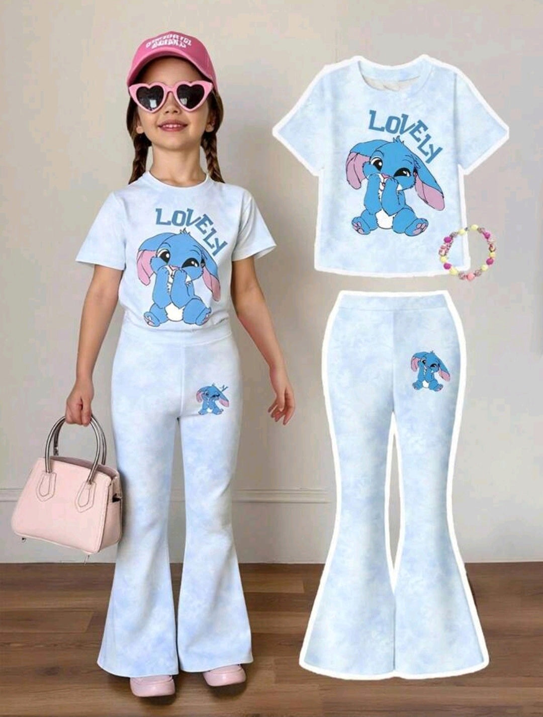 Remera + pantalón acampanado con estampada de conejo