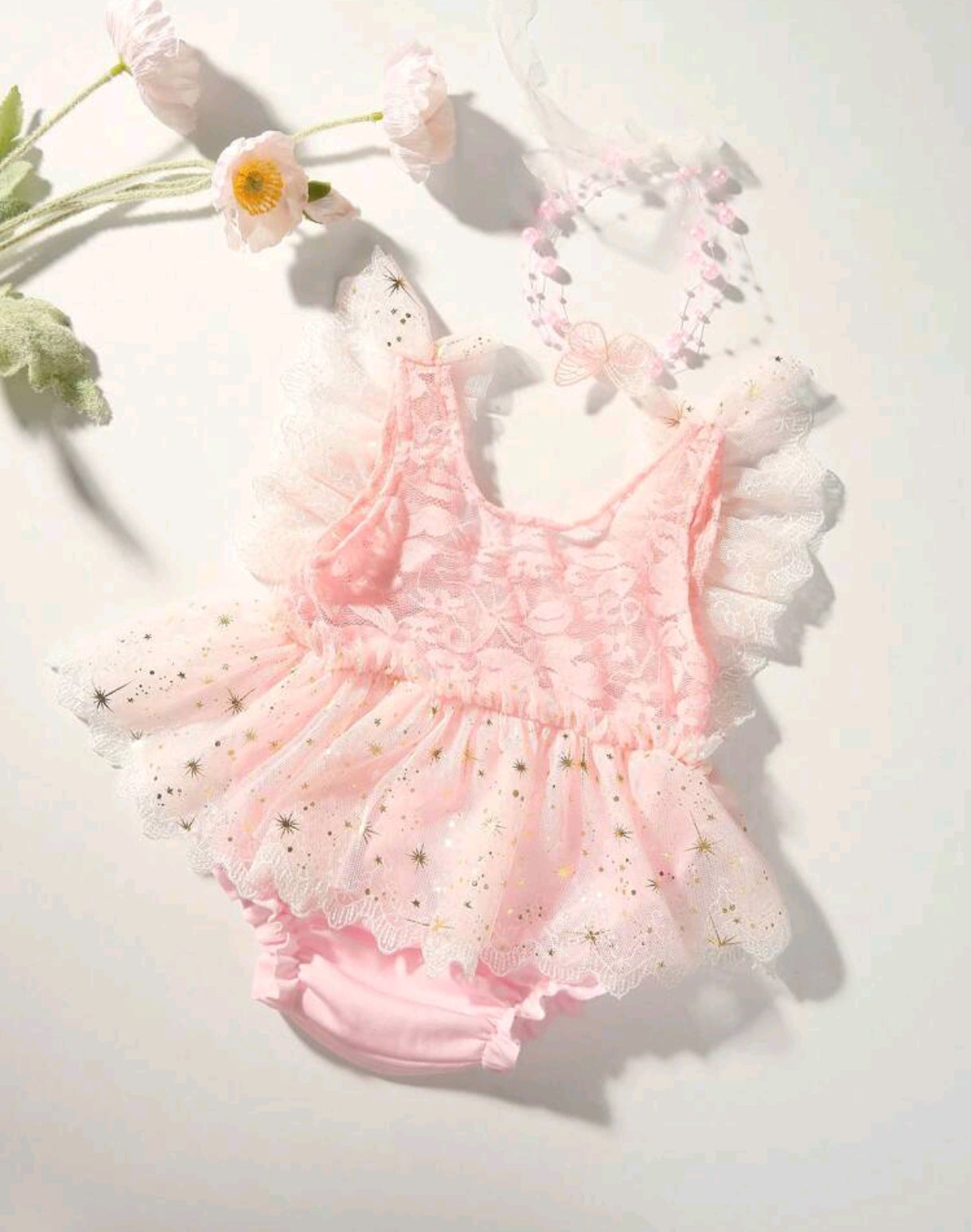 Body de renda RN con detalles de mariposas+ diadema