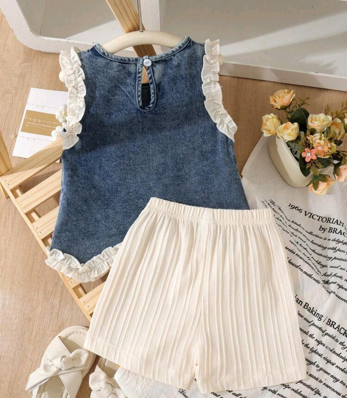 Blusa de Jeans con flores 3D + short plisado
