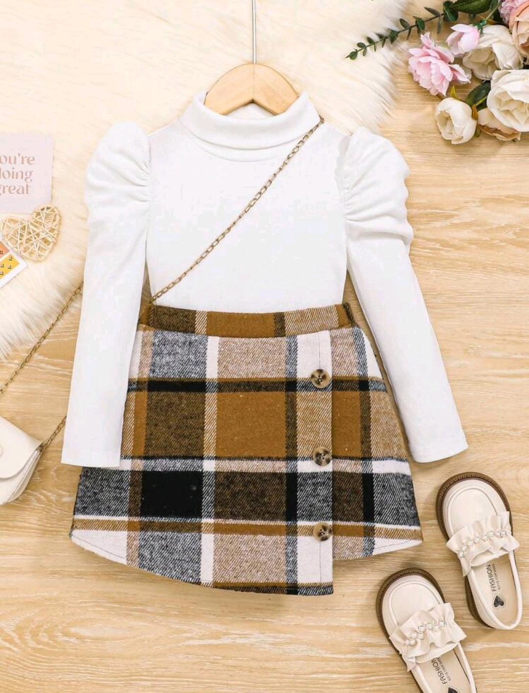 Mangas largas gigot+ falda asimétrica a cuadros