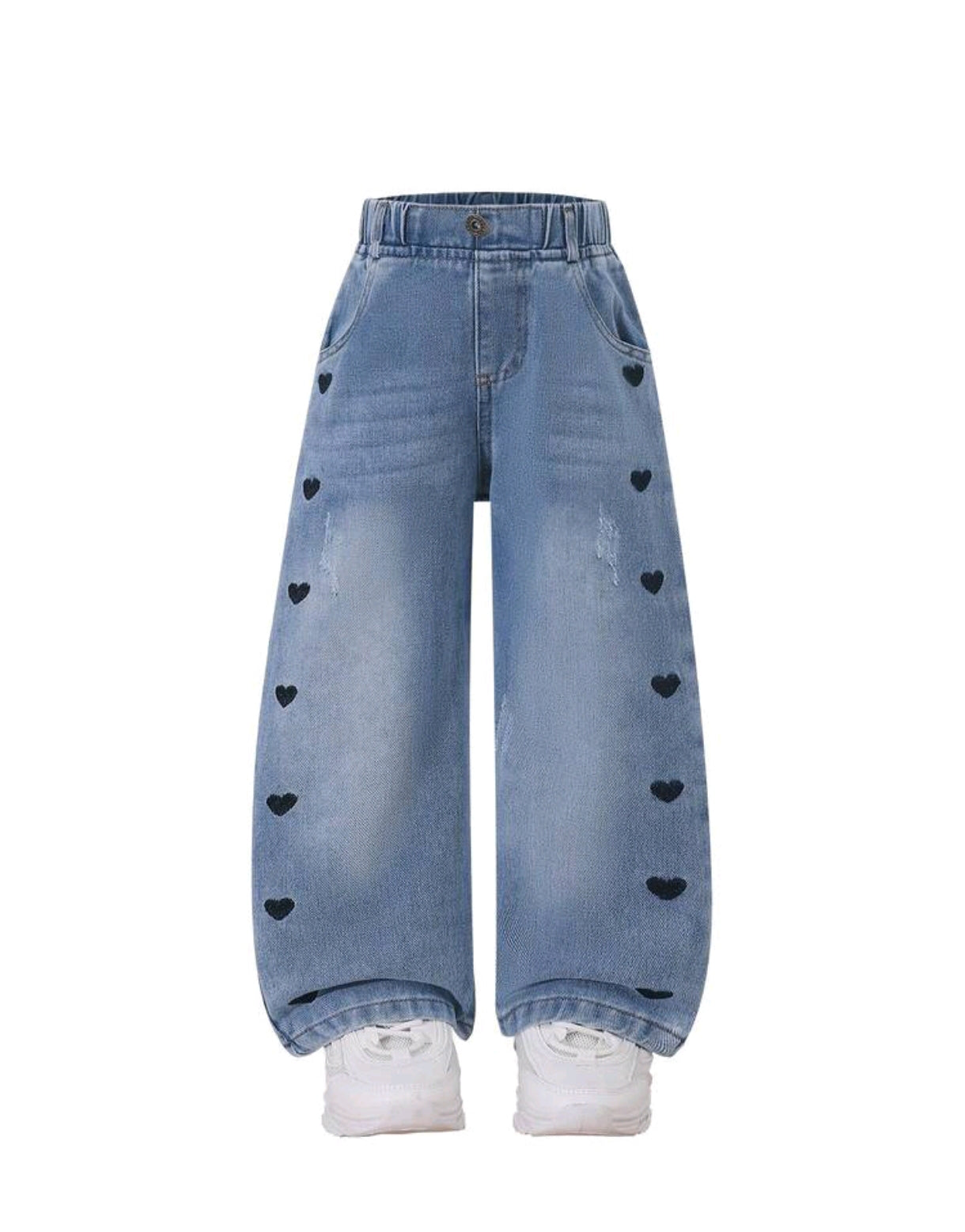 Pantalon de Jeans engomado en la cintura y bordados de corazón