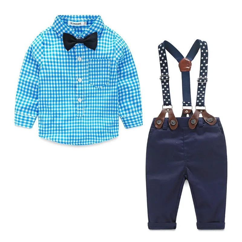 Conjunto niño+Camisa a cuadro+ pantalón+ suspensorio+ moño
