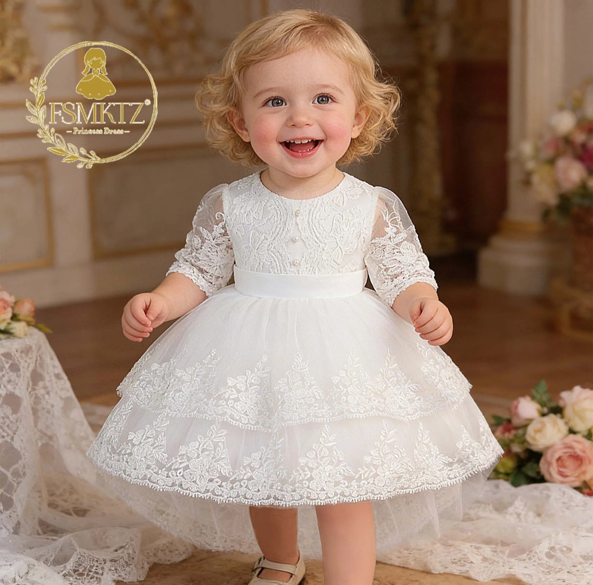 Vestido blanco bebé de renda con mangas y cola larga