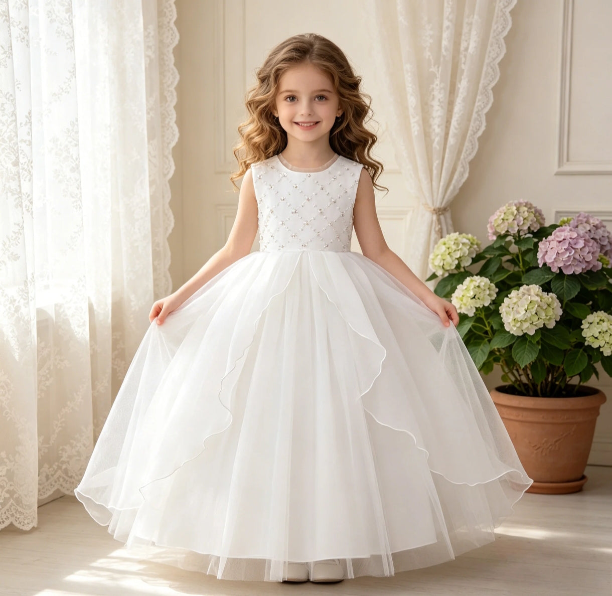 Vestido blanco elegante largo con detalles en perlitas