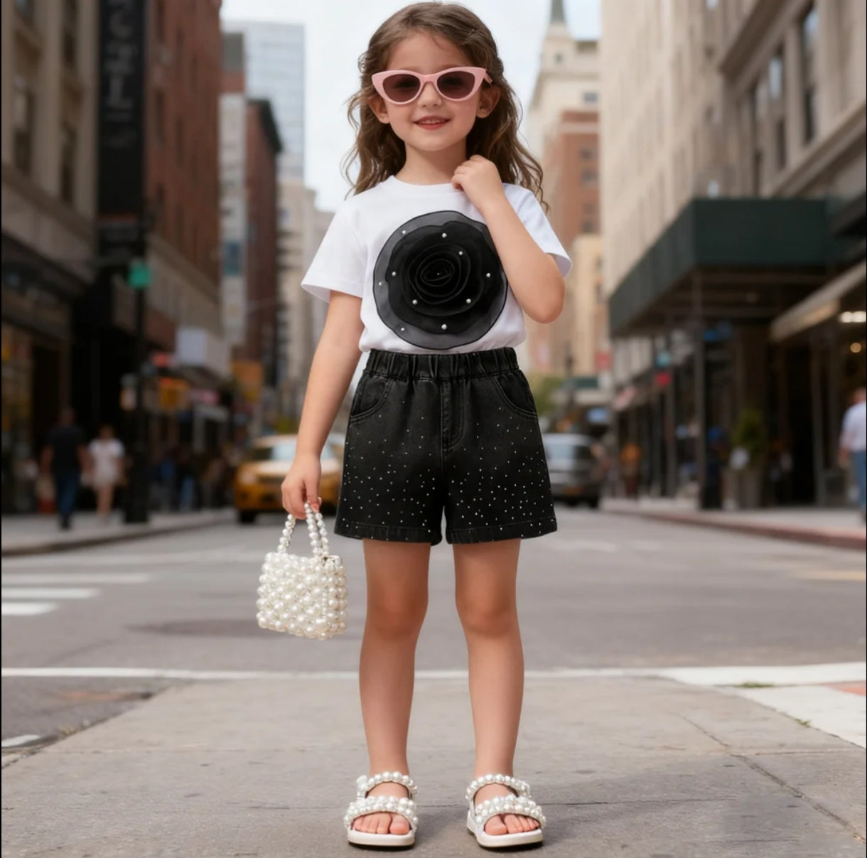 Blusa con flor 3D + short de Jeans con brillos