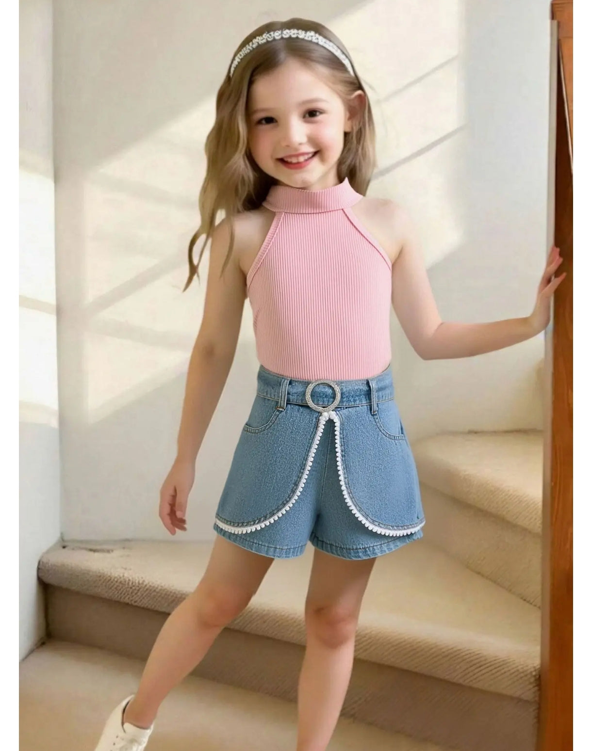 Blusa sin mangas con cuello + short pollera