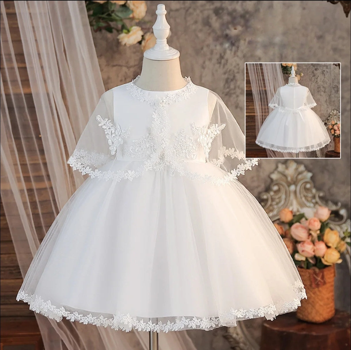Vestido Blanco Elegante con tul y capita
