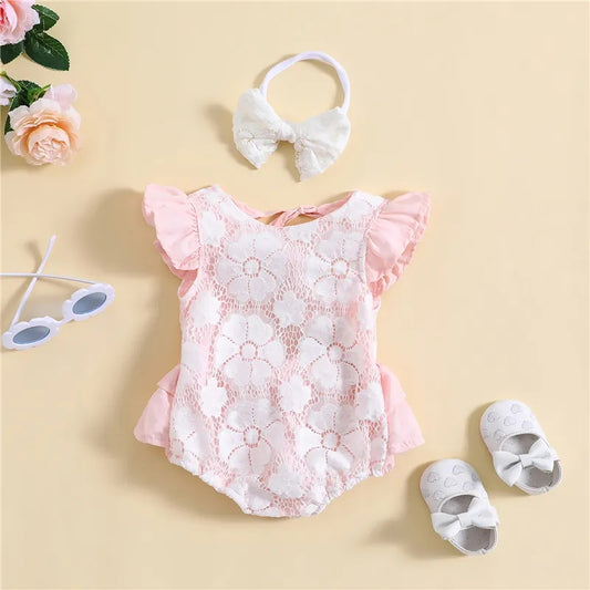 Body de encaje de flores, espalda abierta + diadema