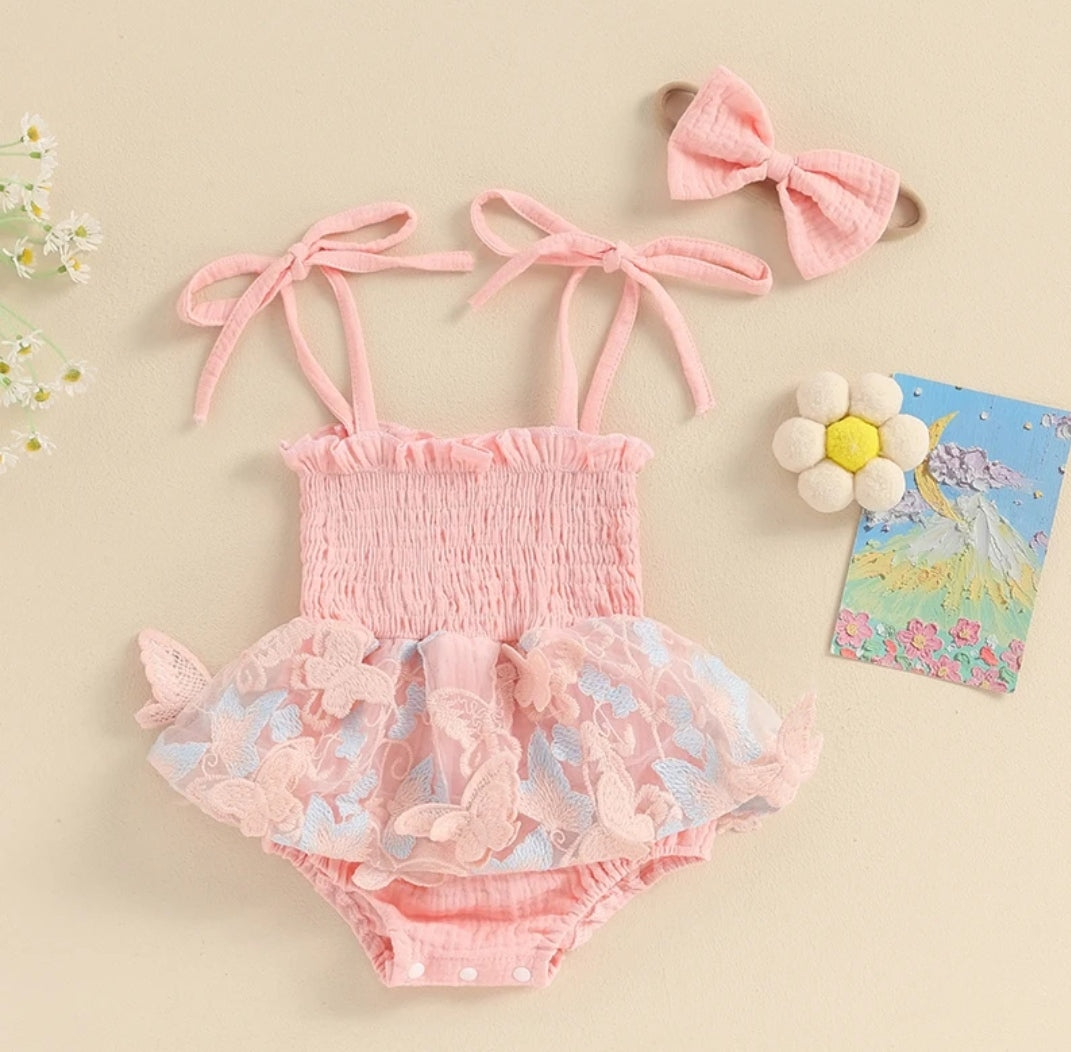 Body plisado con bordados de mariposas+ diadema