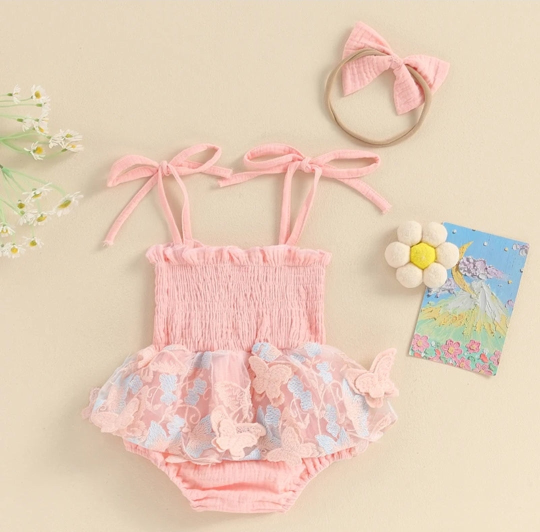 Body plisado con bordados de mariposas+ diadema
