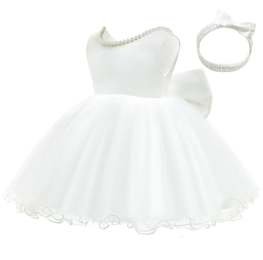 Vestido blanco de tul con detalles en perlitas + diadema