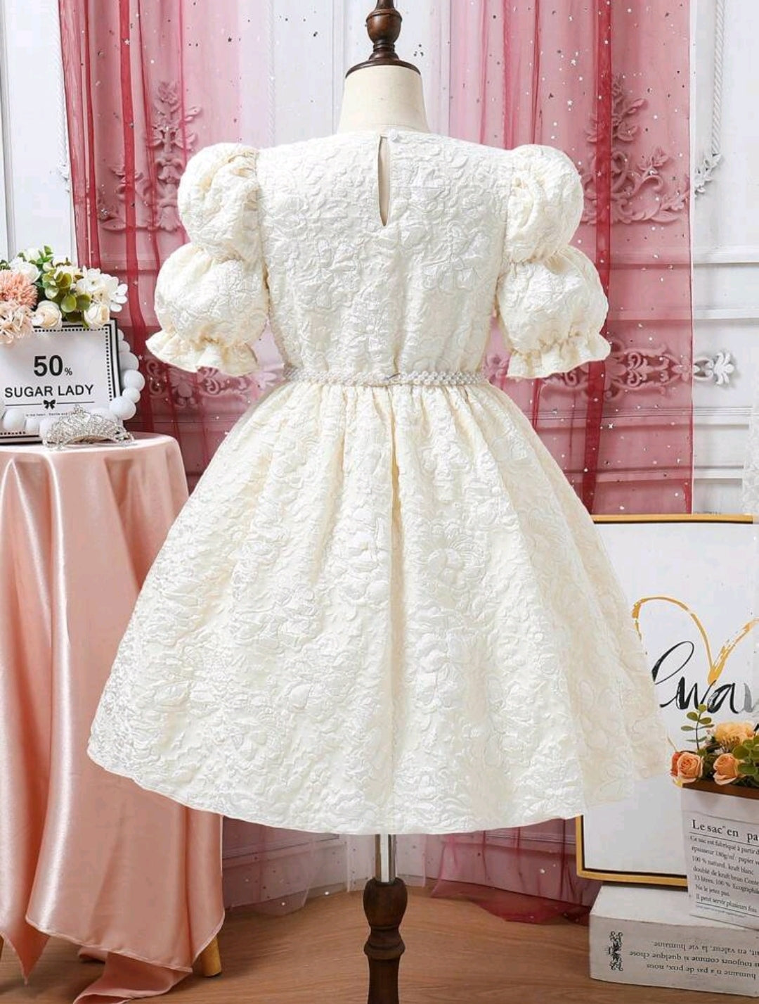 Vestido formal de jacquard con cinto de perlitas