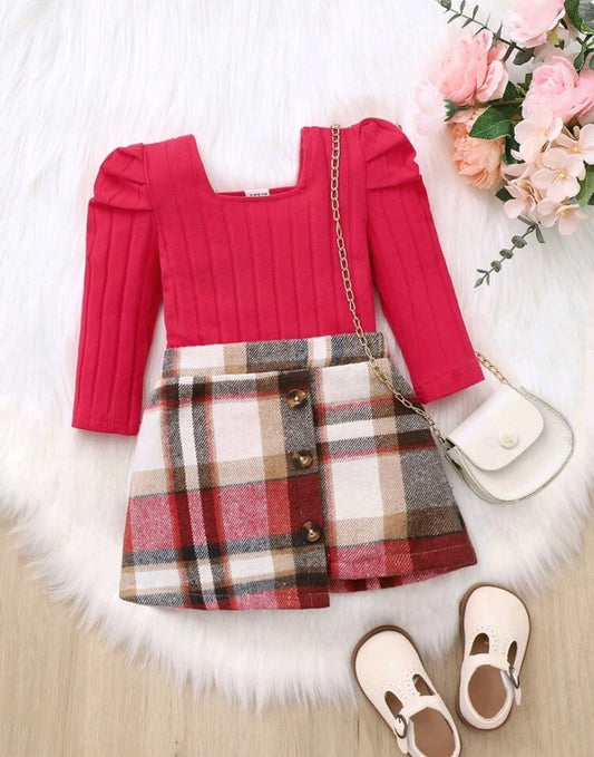 Conjunto bebe+brigo+ falda a cuadro