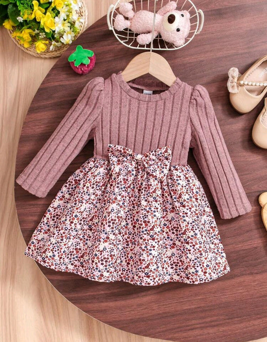 Vestido mangas acanalado con estampado floral