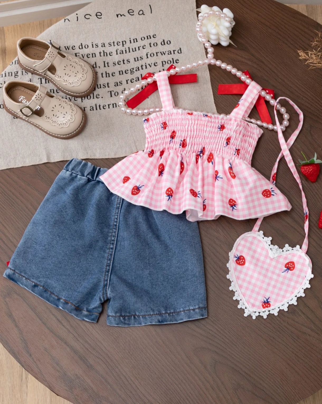 Blusa de tiritas con diseños de frutillas + short de Jeans + bolsito