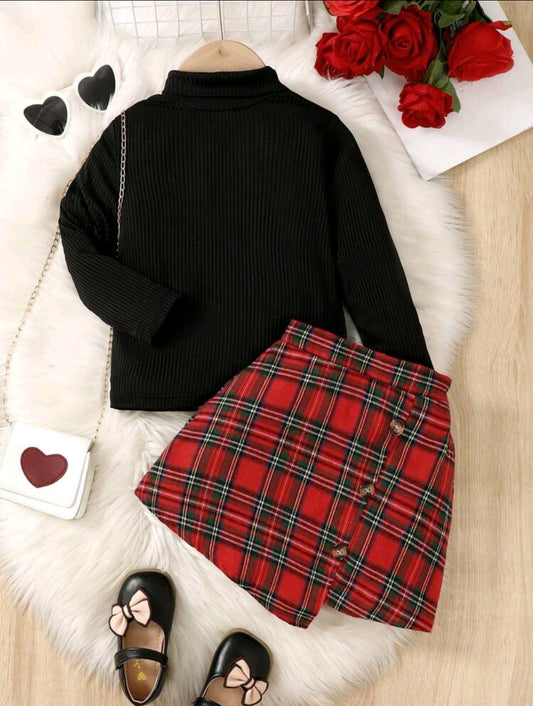 Mangas largas acanalado + falda a cuadros