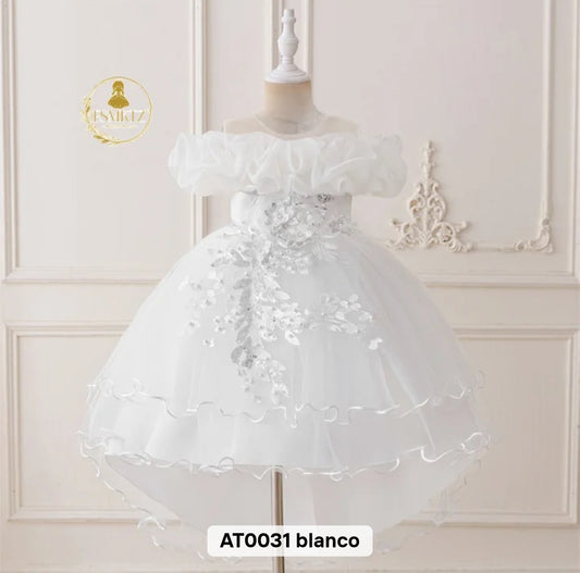 Vestido Blanco elegante con lentejuelas y bordados de flores, cola asimétrica