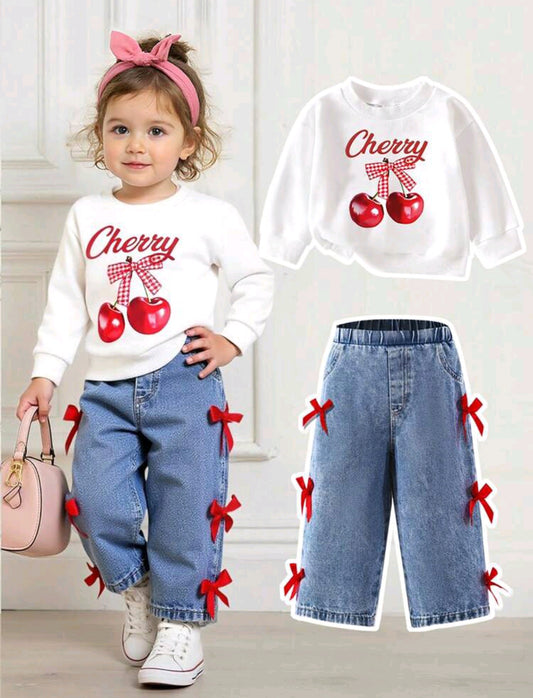 Blusa mangas largas estampado de cereza + pantalón de jeans con moños
