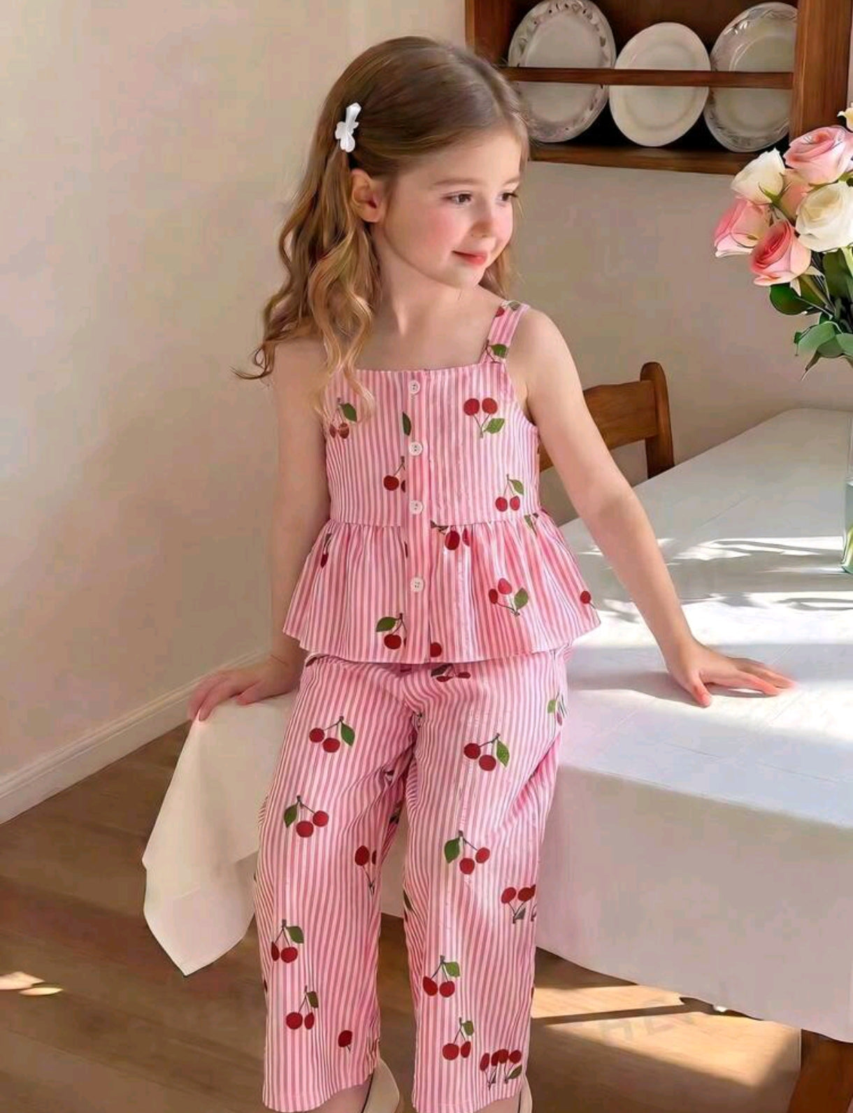 Blusa abotonado + pantalón estampado de cerezas