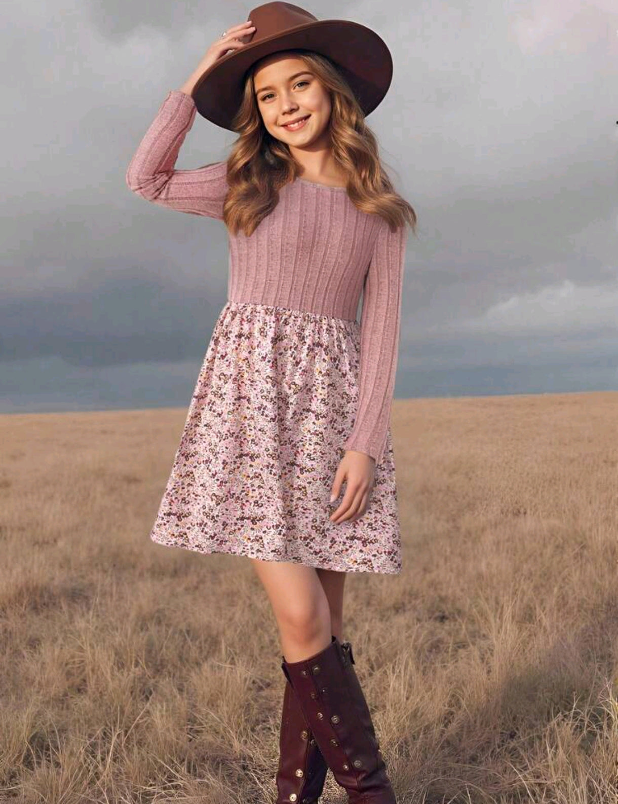 Vestido Mangas largas rosa con estampado