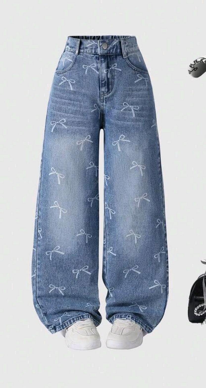 Pantalón de Jeans Wide leg con diseños de moños