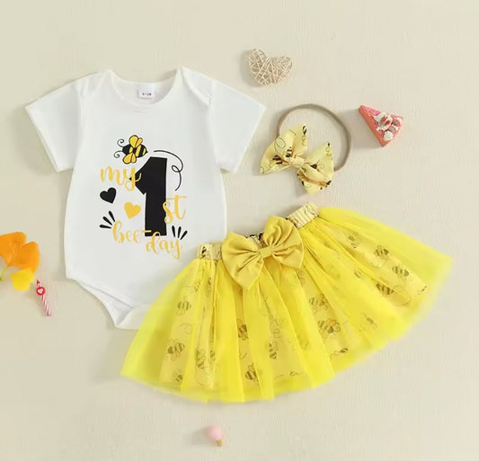 Body mi primer añito con diseño de abejita + tutú + diadema