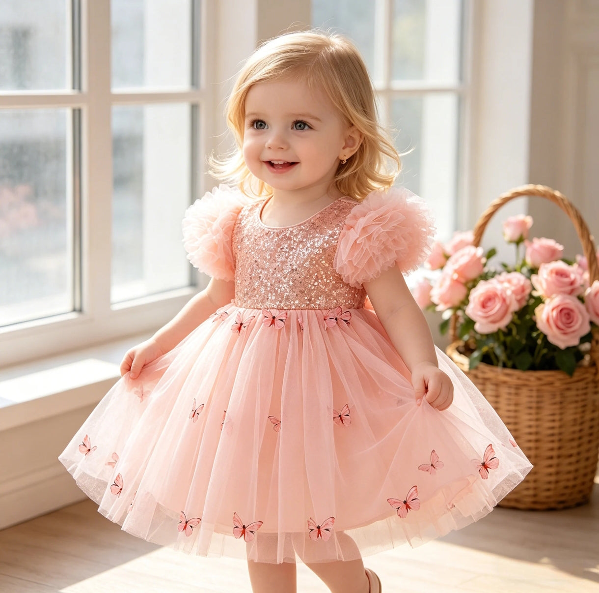 Vestido Elegante con mangas abullonadas y tul, detalles de mariposas