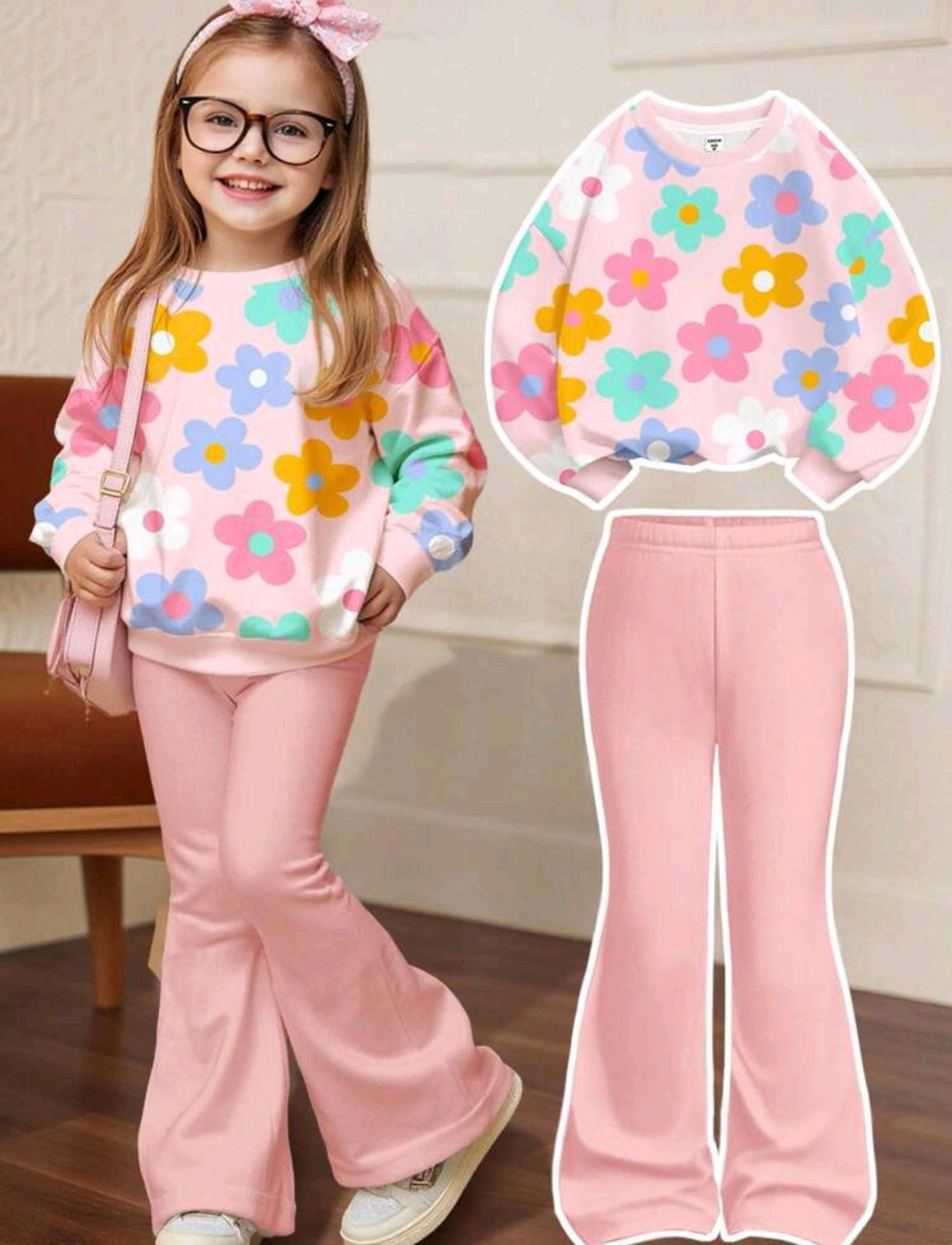 Mangas largas estampado+ pantalón acampanado