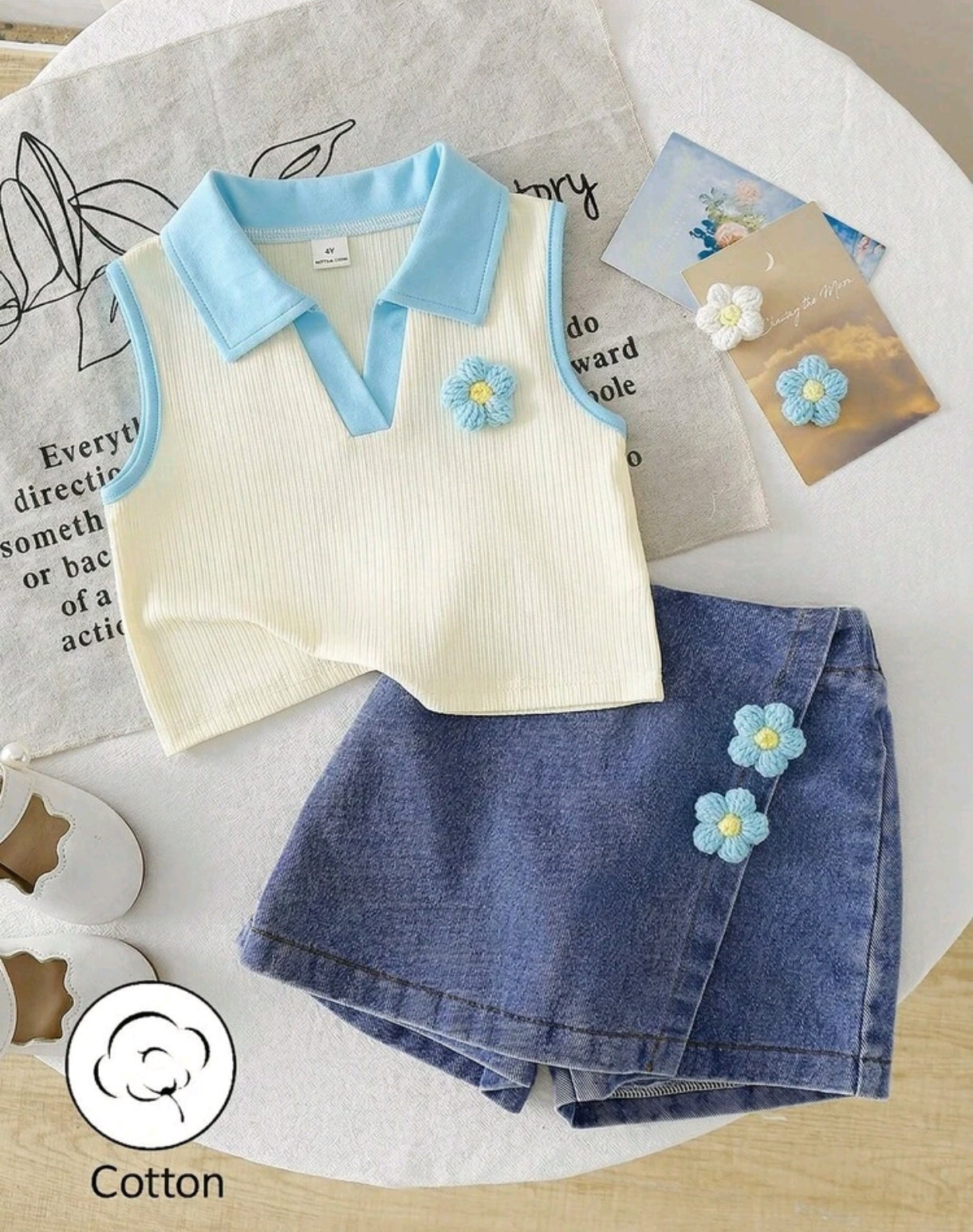 Blusa sin mangas con cuello + short de jeans con flores 3 D