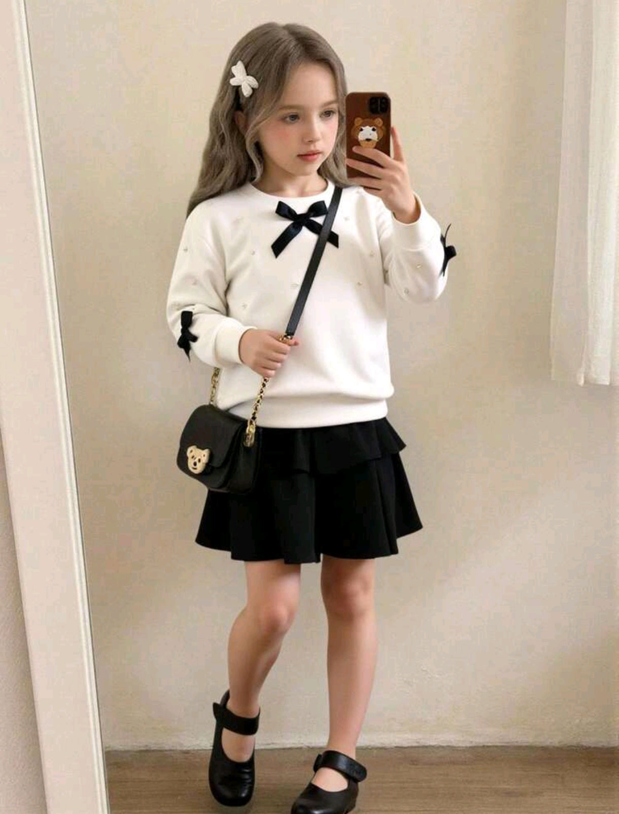 Abrigo blanco con perlitas y moños + falda