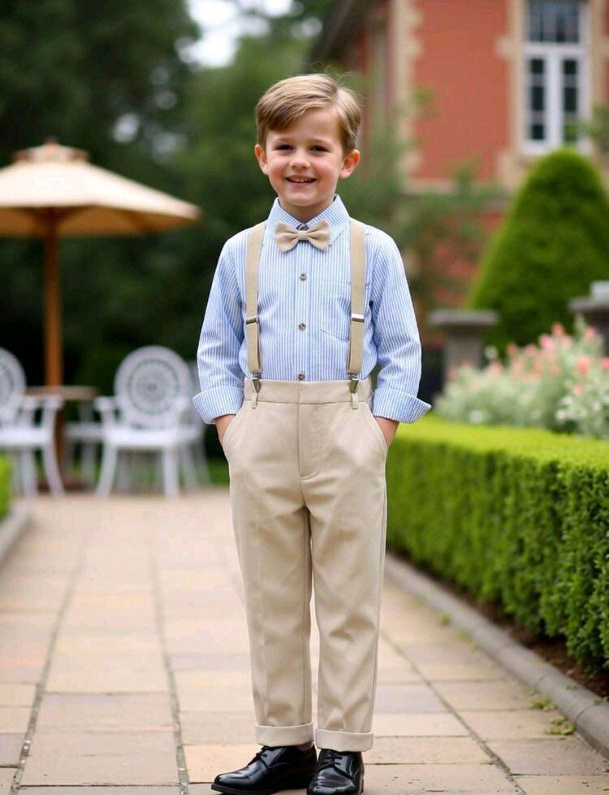camisa mangas largas a rayas con moño + pantalón+ suspensorio