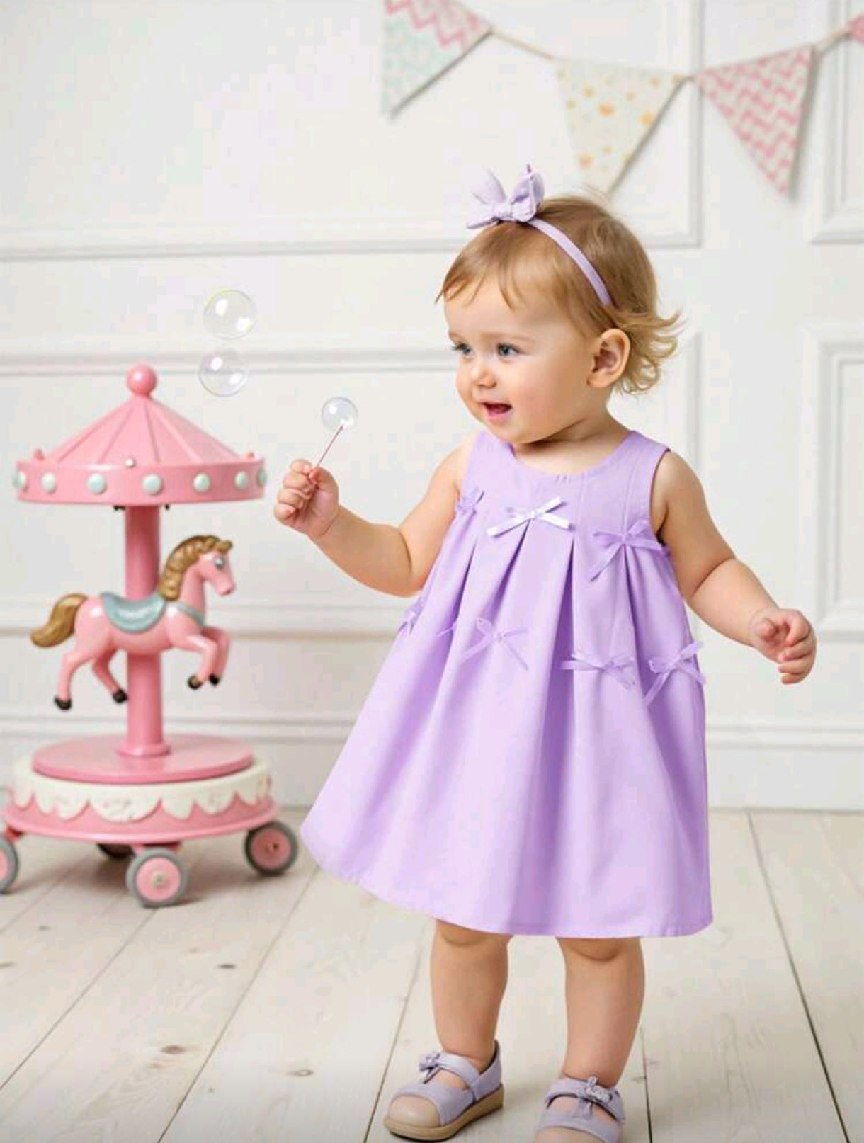 Vestido bebé sin mangas, plisado, con moños