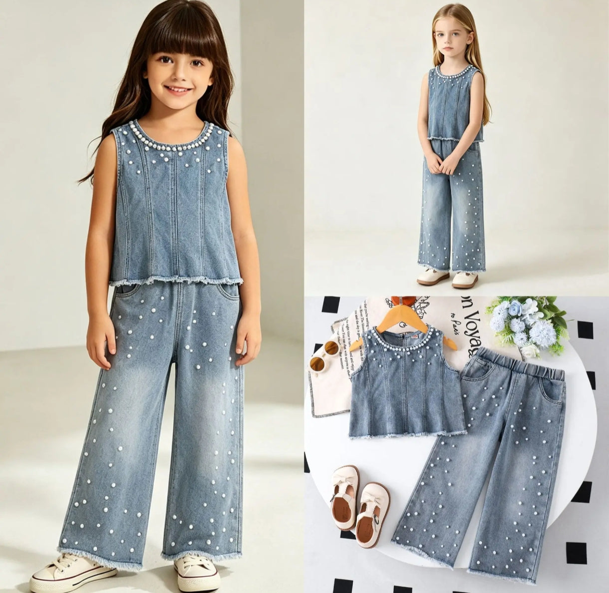 Blusa + pantalón de Jeans con detalles de perlitas