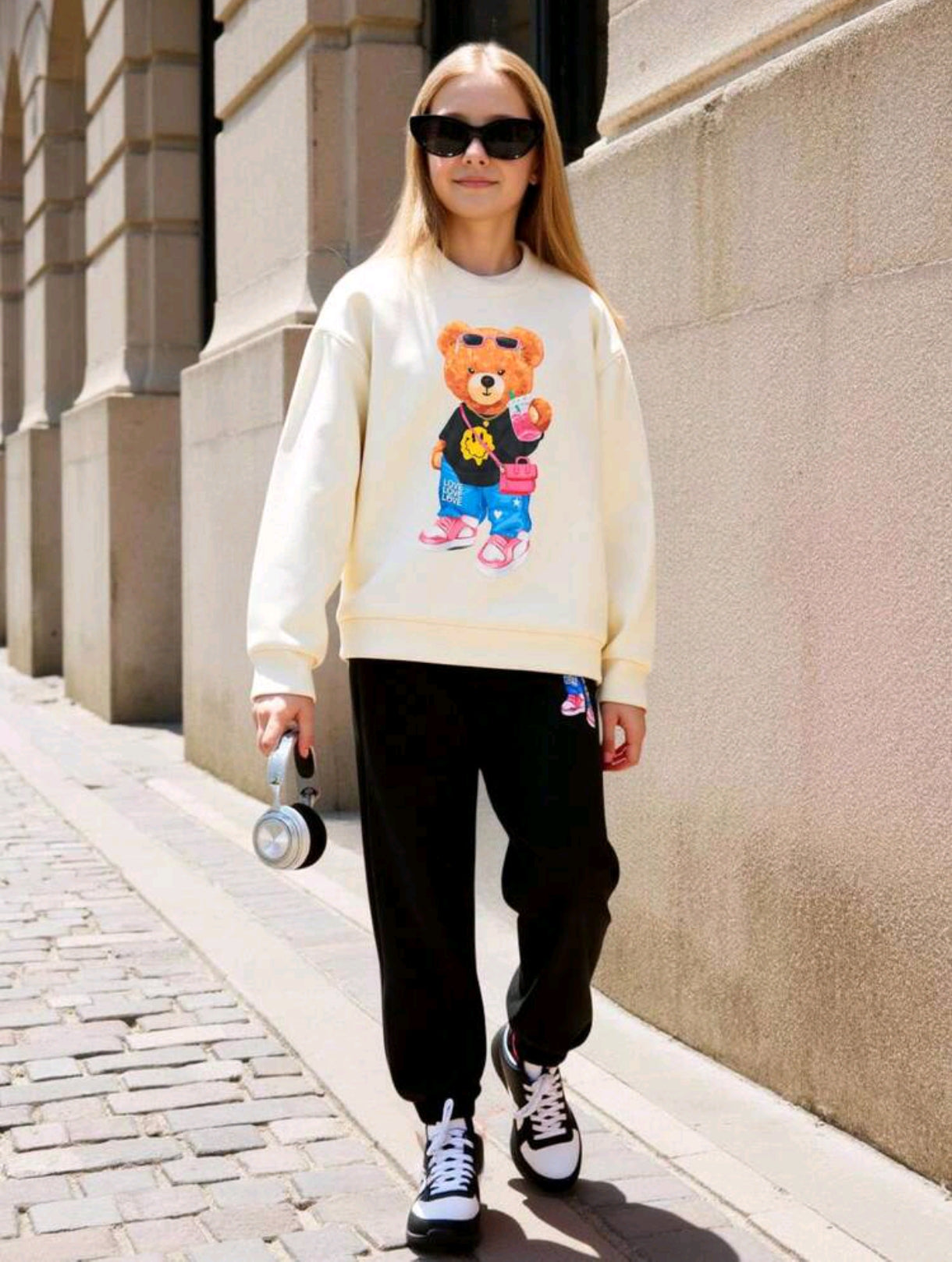 Abrigo con estampado de oso+ pantalón frizado por dentro