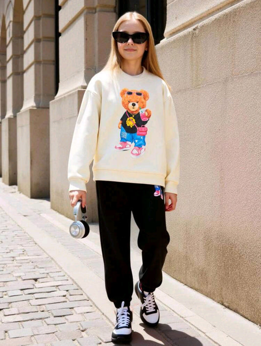Abrigo con estampado de oso+ pantalón frizado por dentro