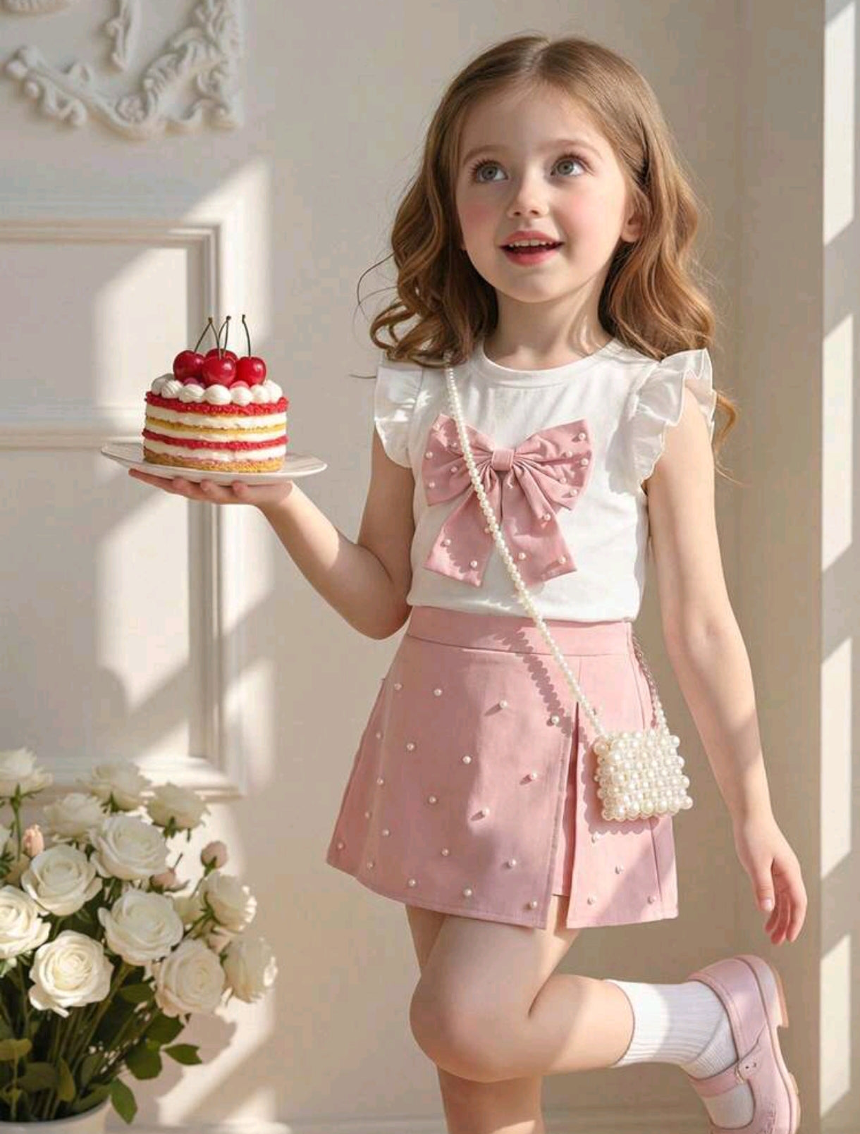 Blusa con detalles en moño+ short pollera con detalles en perlitas