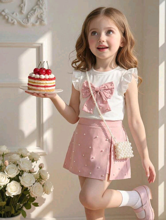 Blusa con detalles en moño+ short pollera con detalles en perlitas