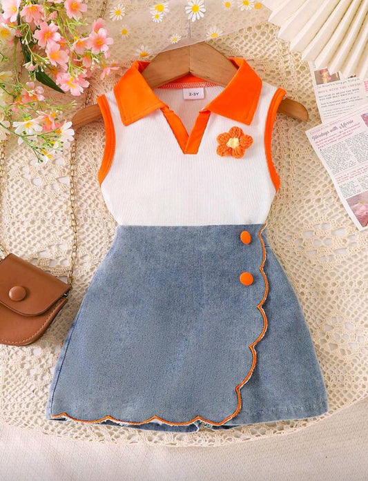 Blusa sin mangas con cuello + short pollera