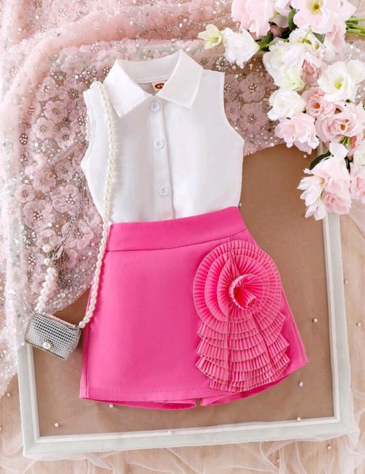 Camisa sin mangas + short pollera con flor 3D