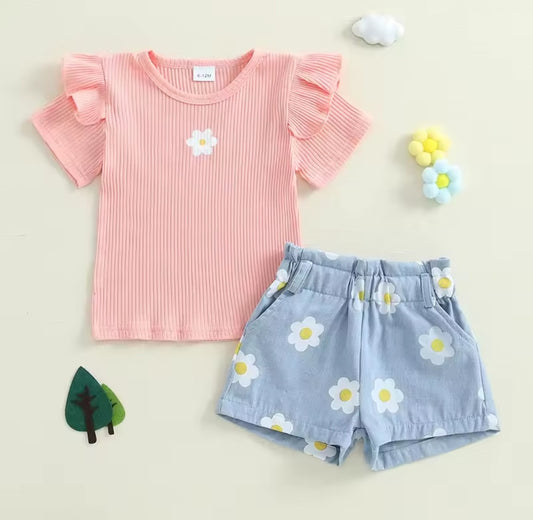 Blusa acanalada+ short de jeans floral