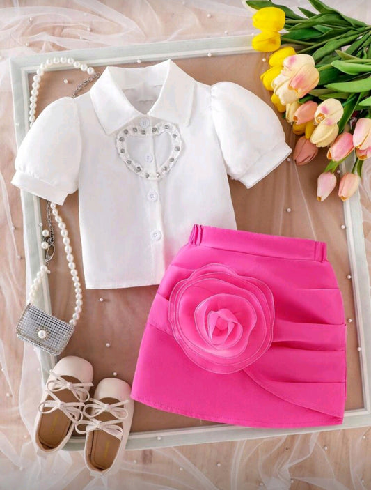 Camisa con detalles + falda con flor 3D